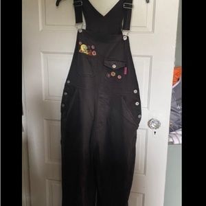 Distressed Looney Tunes Tweety Bird Overalls Black Cotton Embroidered Vintage
